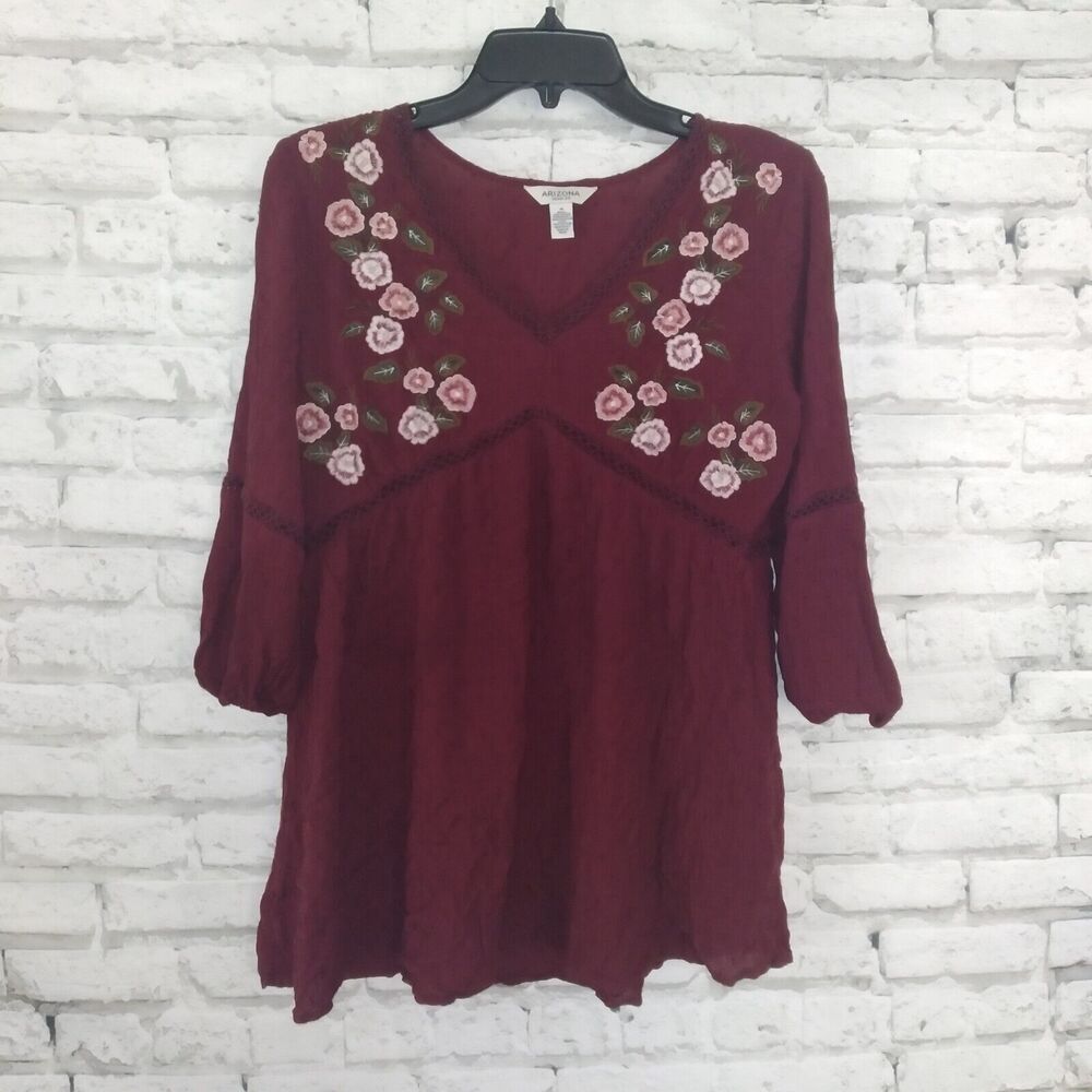 Arizona Jean Co Womens Blouse Medium Maroon Red Embroidered Floral Crochet Boho